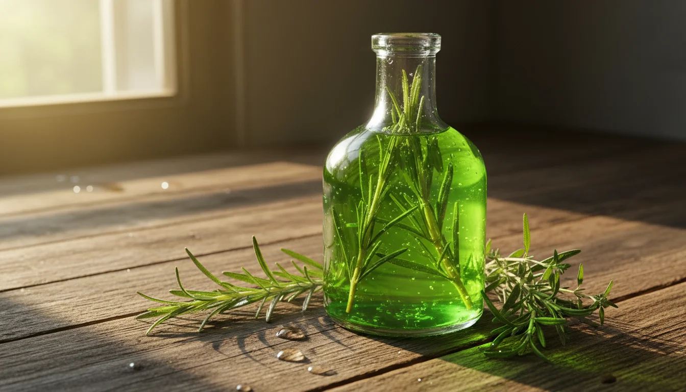 Clear glass bottle of green herb-infused oil on a wooden table, with fresh herb sprigs showing subtle signs of moisture and tiny bubbles.