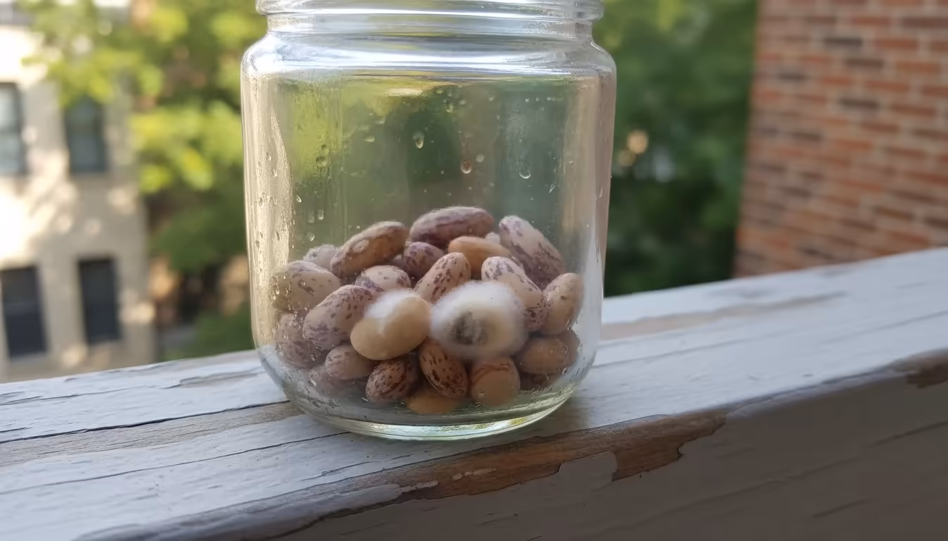 Close-up of a clear glass canning jar of dried heirloom bean seeds on a balcony railing, showing subtle white mold and condensation from incomplete dr