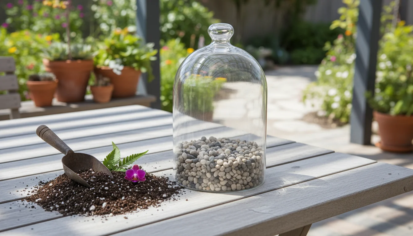 A clear glass cloche terrarium container with a layer of drainage pebbles on a wooden patio table, next to a scoop and more pebbles.