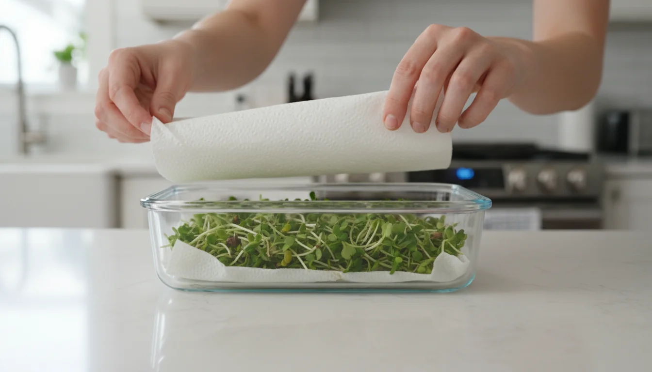 Clear glass container with vibrant broccoli sprouts nestled between two dry paper towels. Hands are carefully placing the top paper towel, on a kitche