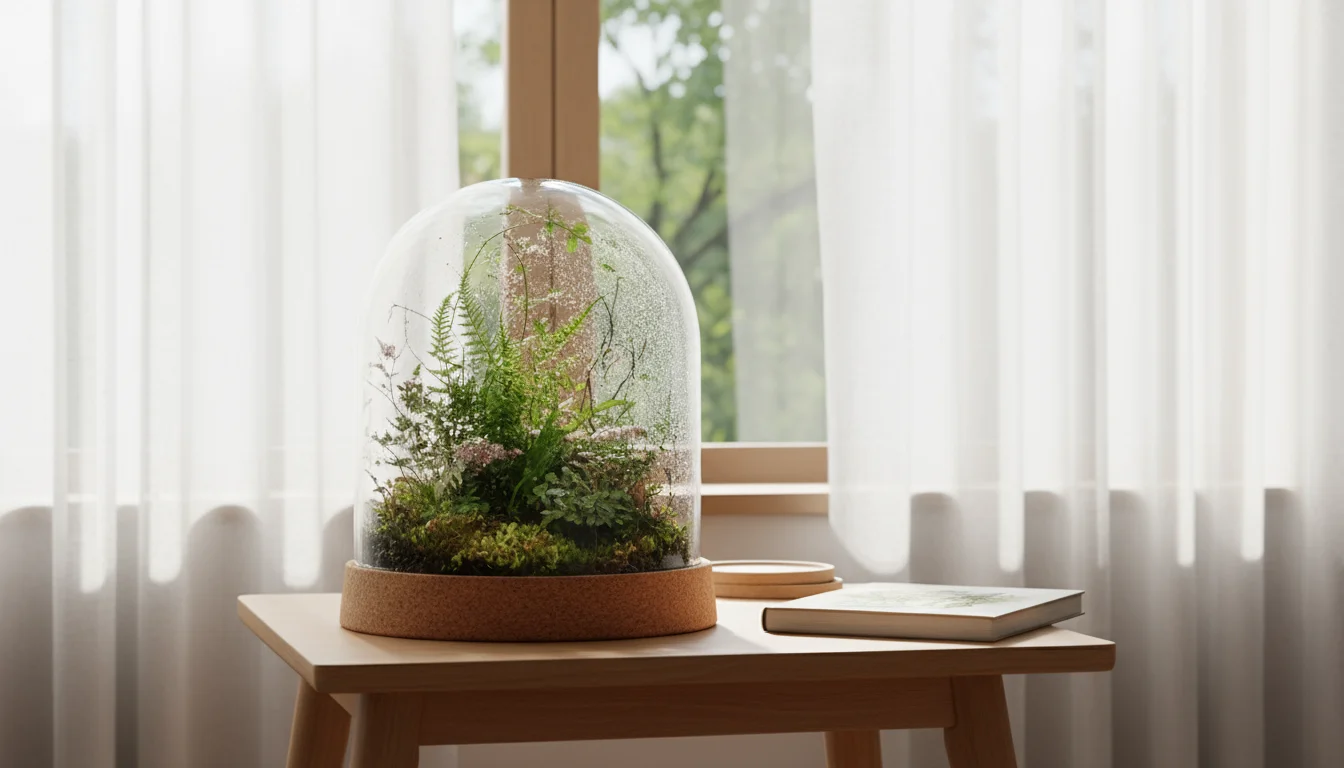 A clear glass dome terrarium with miniature ferns and moss sits on a wood table beside a sheer-curtained window, bathed in soft, indirect light.