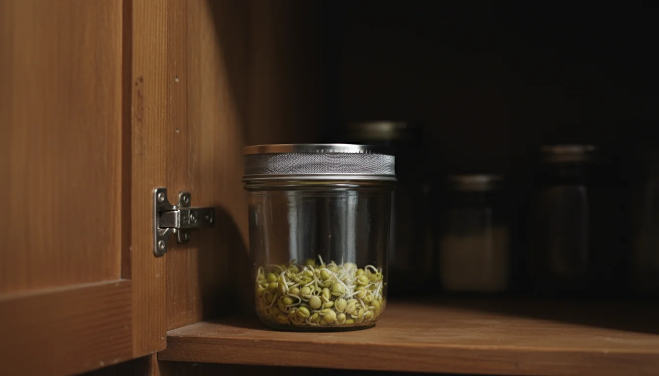 Clear glass jar with barely sprouted alfalfa seeds resting on a shelf inside a dimly lit, slightly open kitchen cupboard.