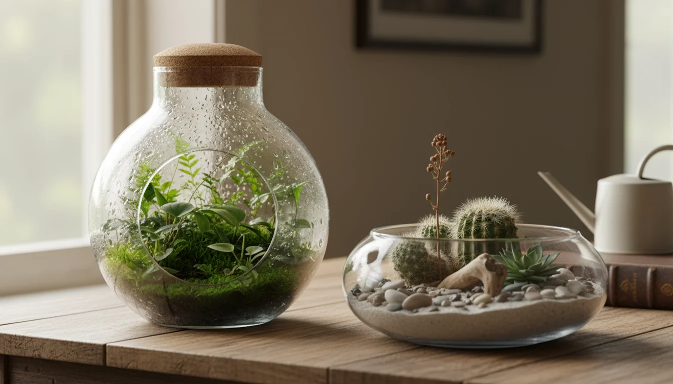 A clear glass jar closed terrarium with ferns and moss next to an open glass bowl terrarium with succulents, on a concrete table.