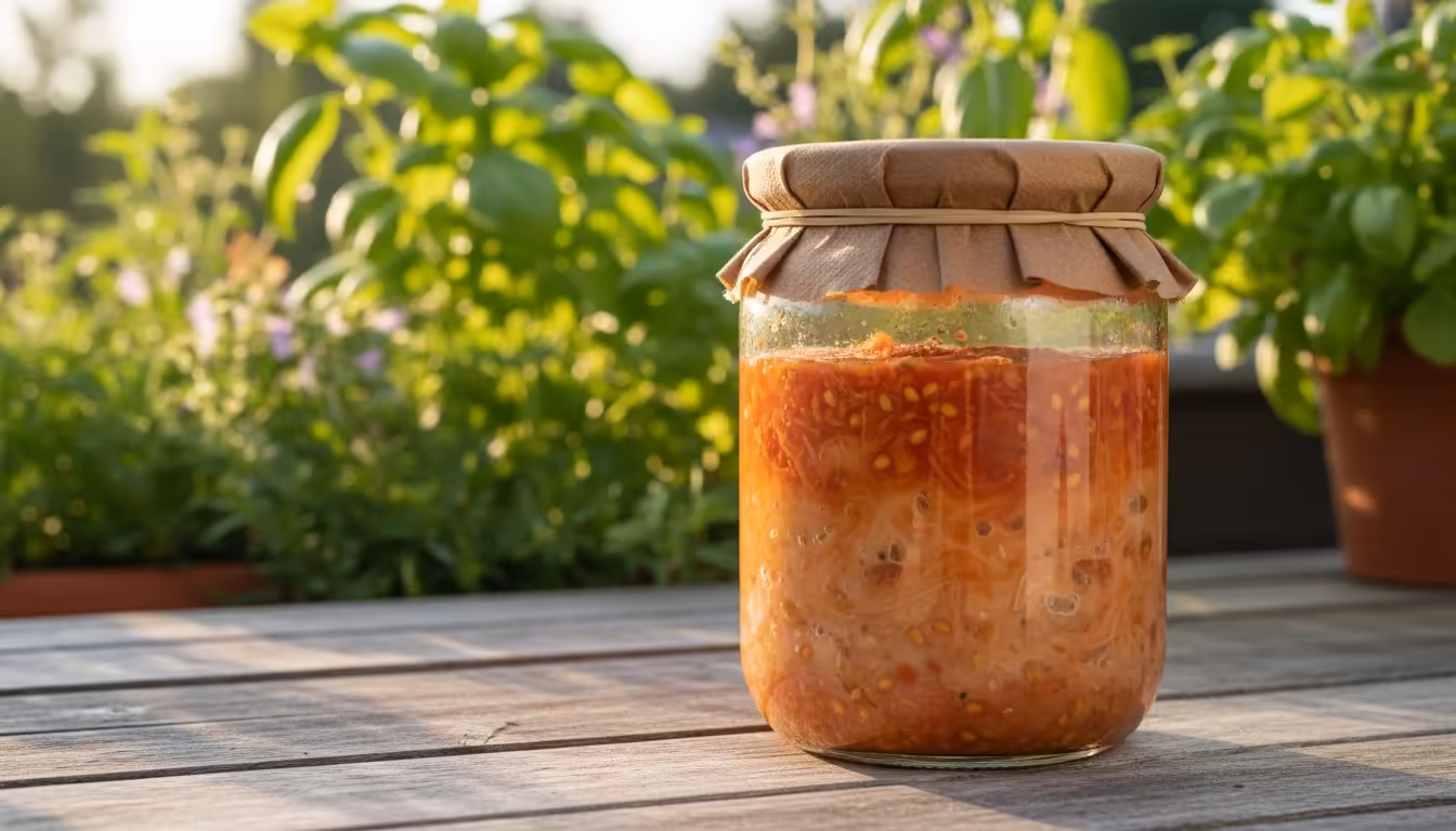 A clear glass jar with fermenting tomato seeds and pulp sits on a weathered patio table, loosely covered with a coffee filter, with a halved ripe toma