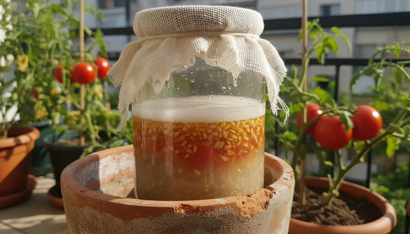 A clear glass jar filled with tomato seeds, pulp, and water, covered with cheesecloth, resting on a terracotta pot rim on a balcony.