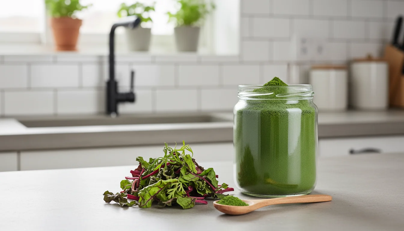A clear glass jar filled with vibrant green powdered vegetables sits on a compact kitchen counter next to dried beet and carrot greens.