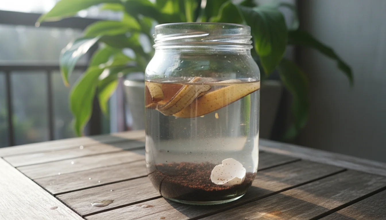 Clear glass jar steeping banana peels, crushed eggshells, and coffee grounds on a wooden balcony table with a blurred green plant.