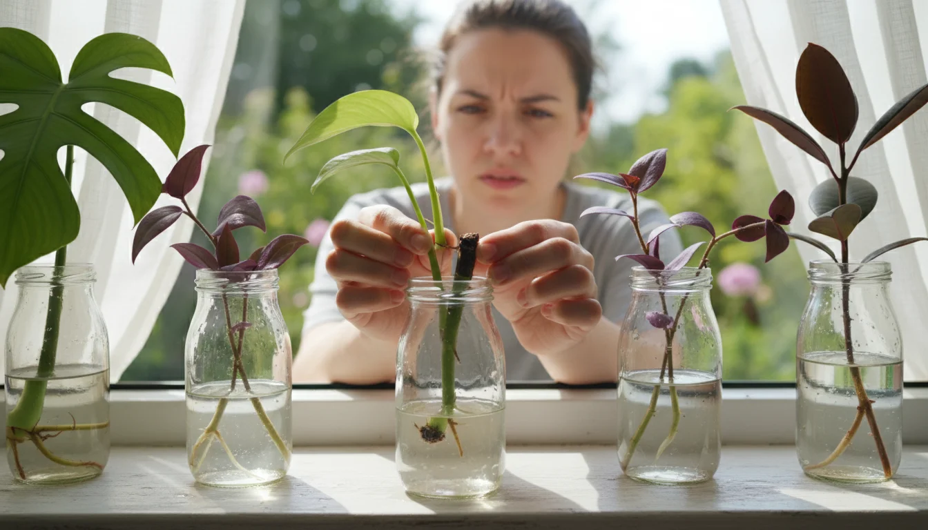 A clear glass jar on a windowsill holds a plant cutting with a mushy, blackened stem in cloudy water, next to sharp pruners.