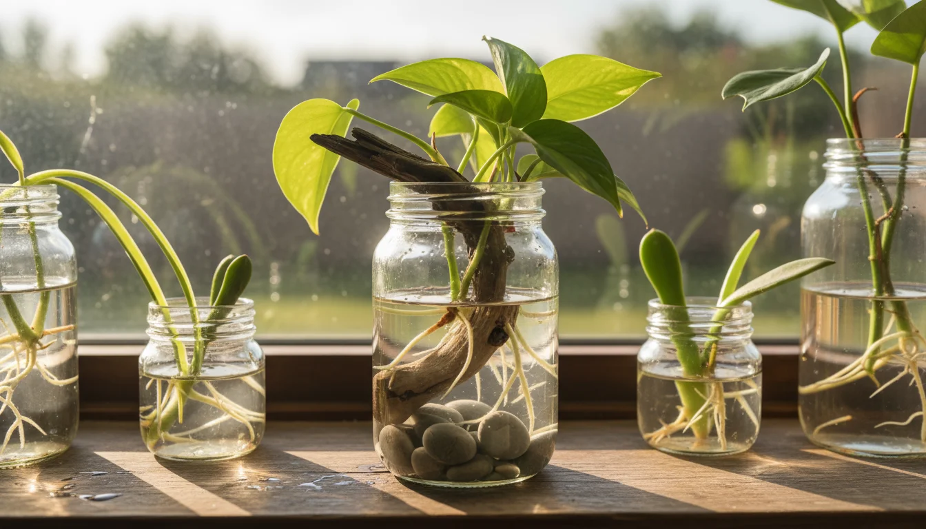 Clear glass jar on a windowsill with a pothos cutting, small driftwood, and grey pebbles inside. Other blurred plant cuttings are nearby.