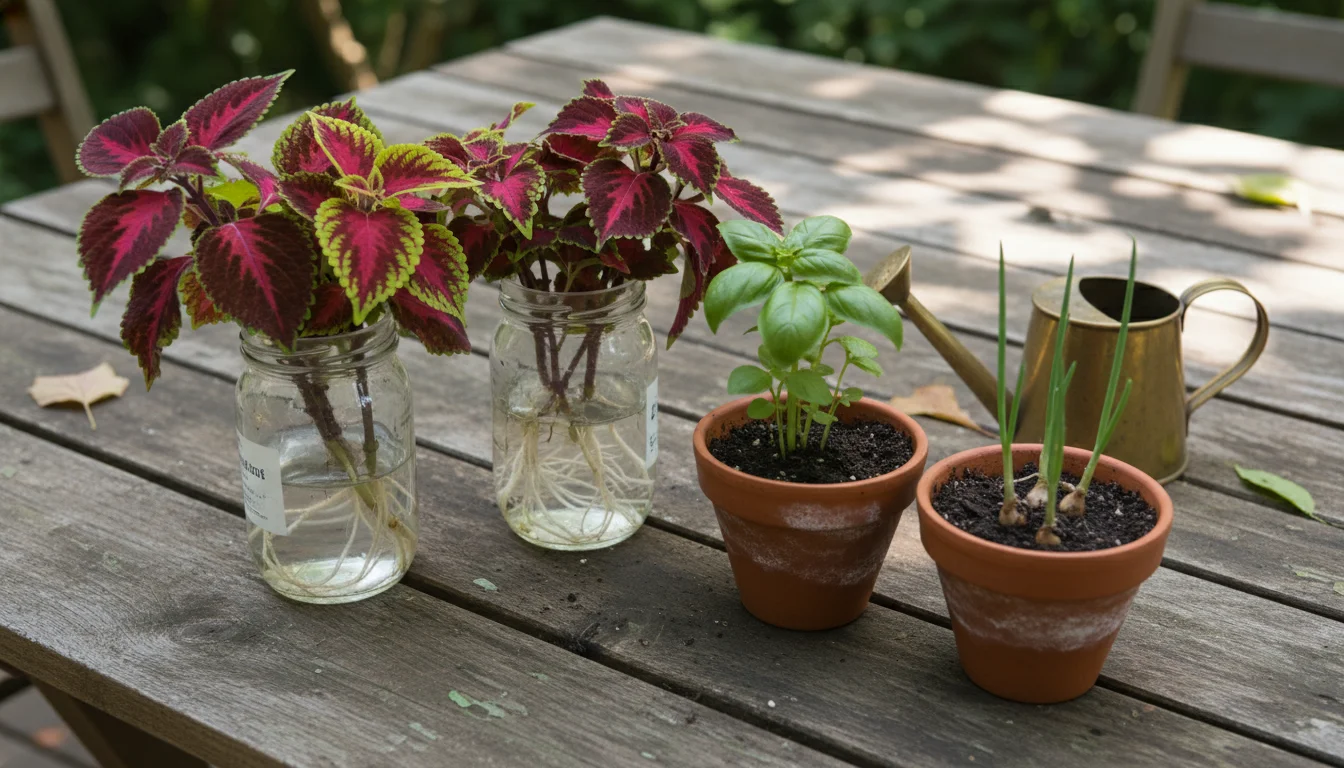 Clear glass jars with coleus cuttings rooting in water alongside small terracotta pots with coleus cuttings in soil, on a weathered patio table.
