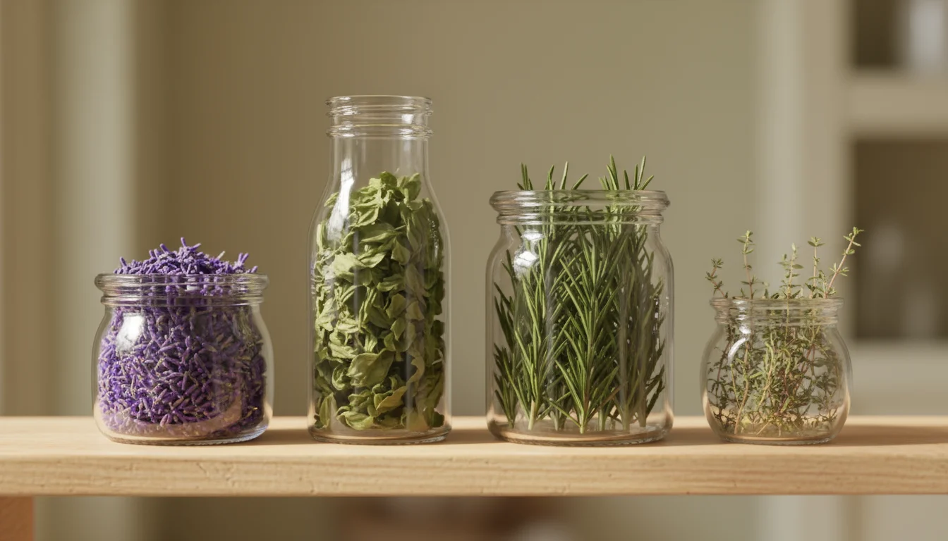 Clear glass jars filled with dried lavender, basil, rosemary, and thyme, securely sealed, arranged on a wooden shelf.