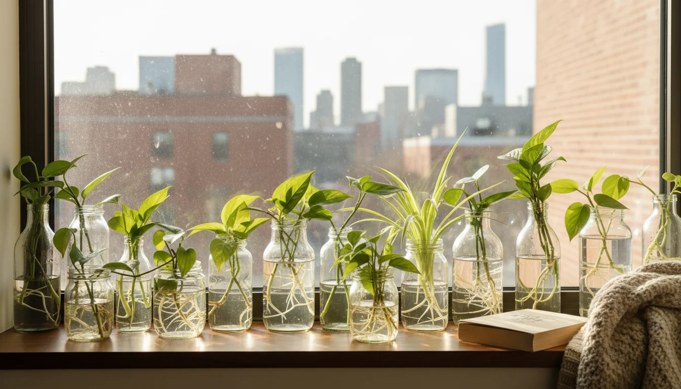 Clear glass jars with various houseplant cuttings, some showing new roots, sit on a bright windowsill bathed in winter light.
