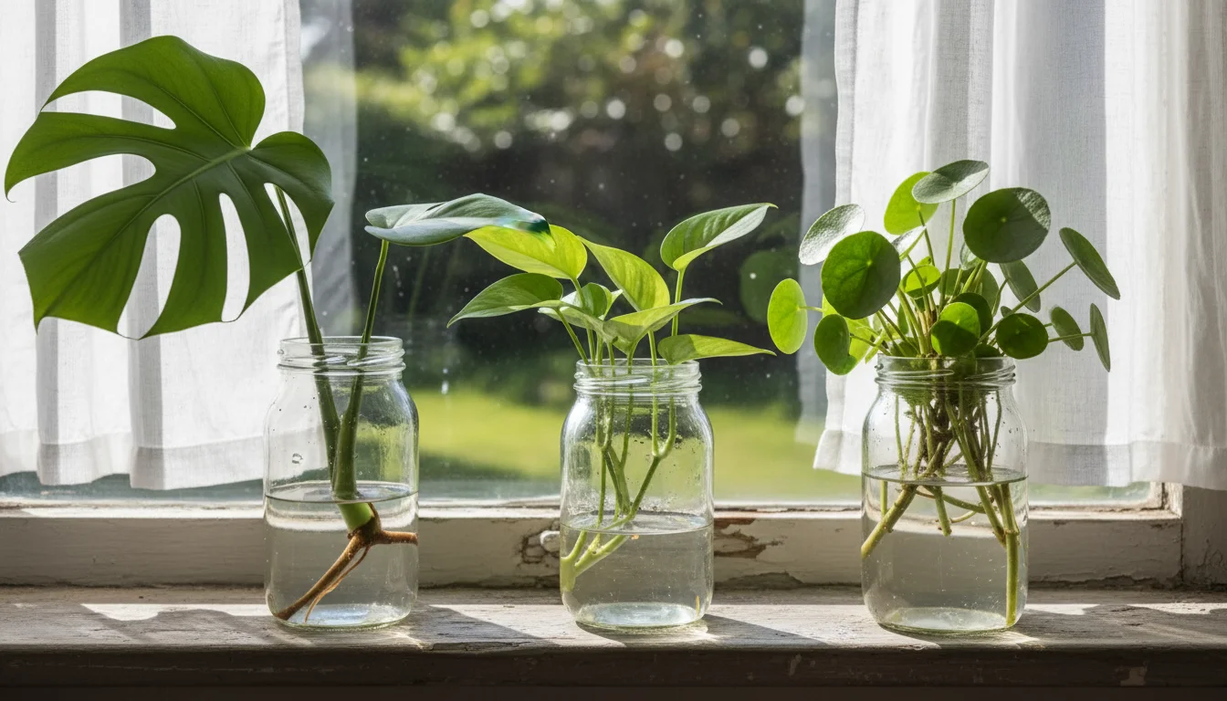 Clear glass jars with various plant cuttings on a sunlit windowsill; one jar shows a noticeably low water level.