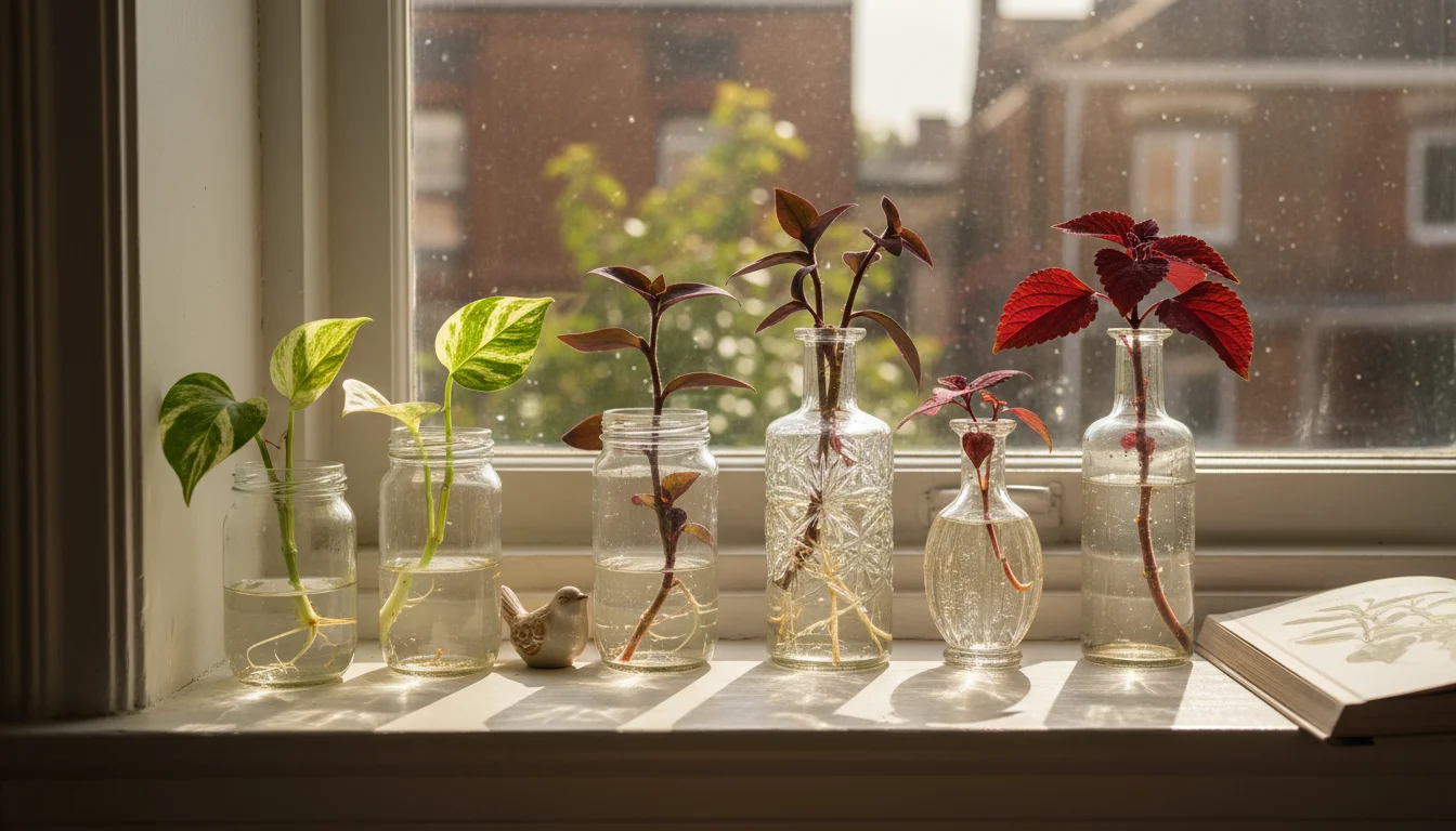 Clear glass jars and a vase on a sunlit windowsill hold fresh plant cuttings submerged in water, ready for rooting.