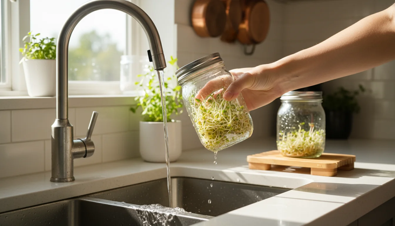 Clear glass mason jar filled with vibrant alfalfa sprouts being rinsed under a kitchen faucet, water visibly draining through a mesh lid.