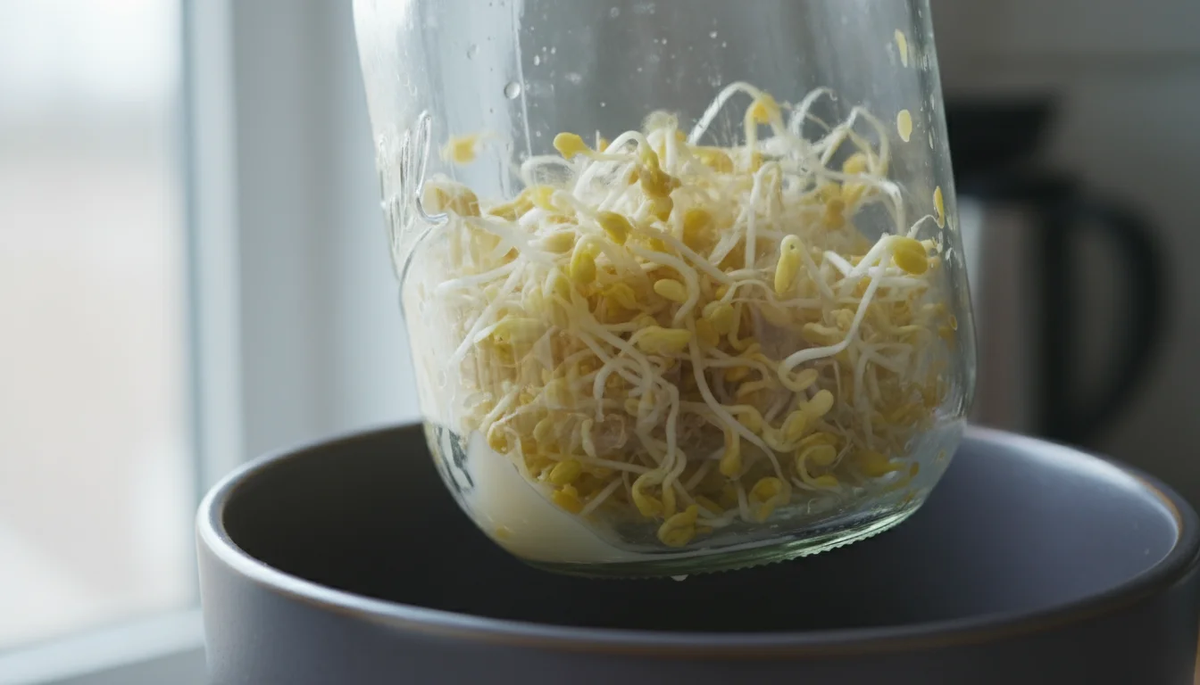 Clear glass mason jar, tilted over a compost bin, shows discolored, mushy alfalfa sprouts sticking to its interior.