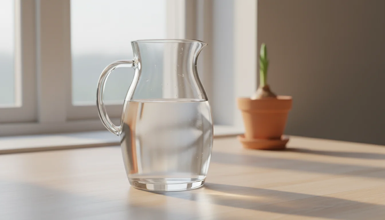 Clear glass pitcher of tap water resting on a light-colored kitchen counter, with blurred potted bulb shoots in the background.