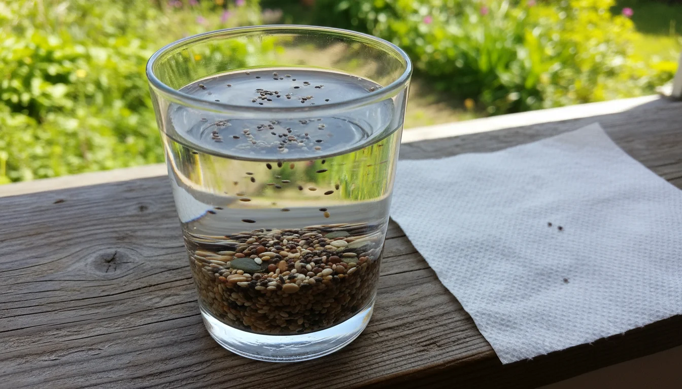 A clear glass of water on a wooden window sill, containing garden seeds, some floating on the surface and others at the bottom. A seed packet is next 