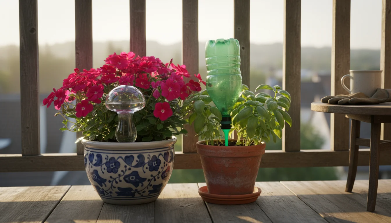 A clear glass watering globe in a fuchsia pot and a green watering spike with an inverted bottle in a basil pot on a balcony.