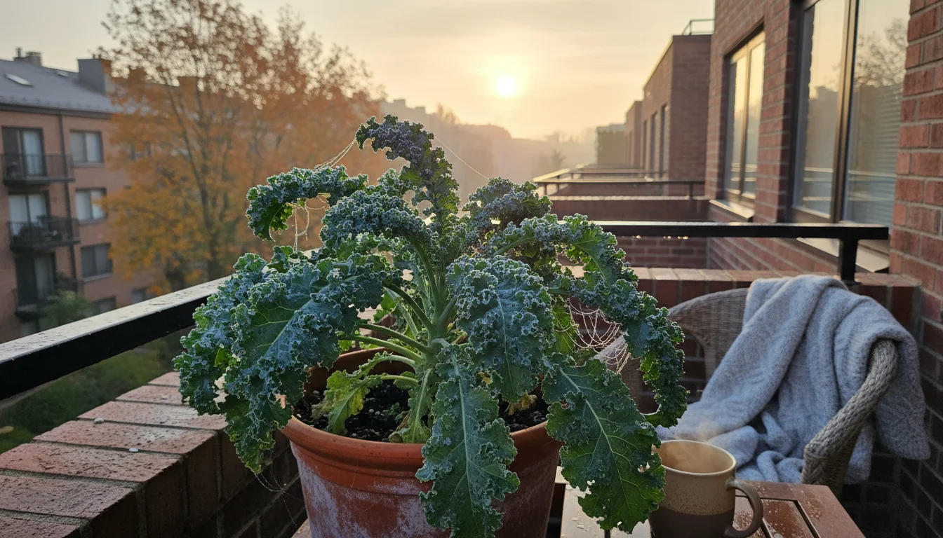 Glistening dew or light frost covers ruffled kale leaves in a terracotta pot on an urban patio in early morning. Autumn colors are visible.