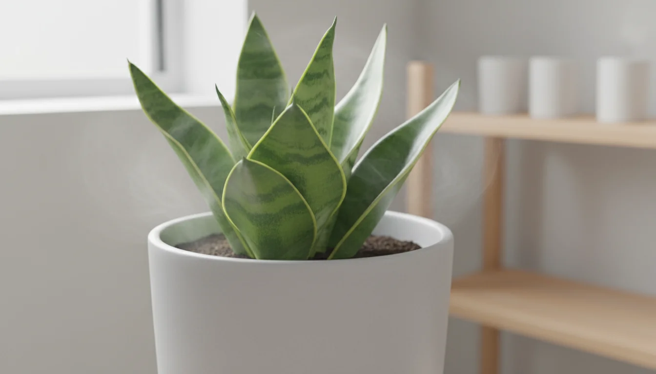 Close-up of glossy green Snake Plant leaves in a light grey ceramic pot, bathed in natural light, implying air purification.