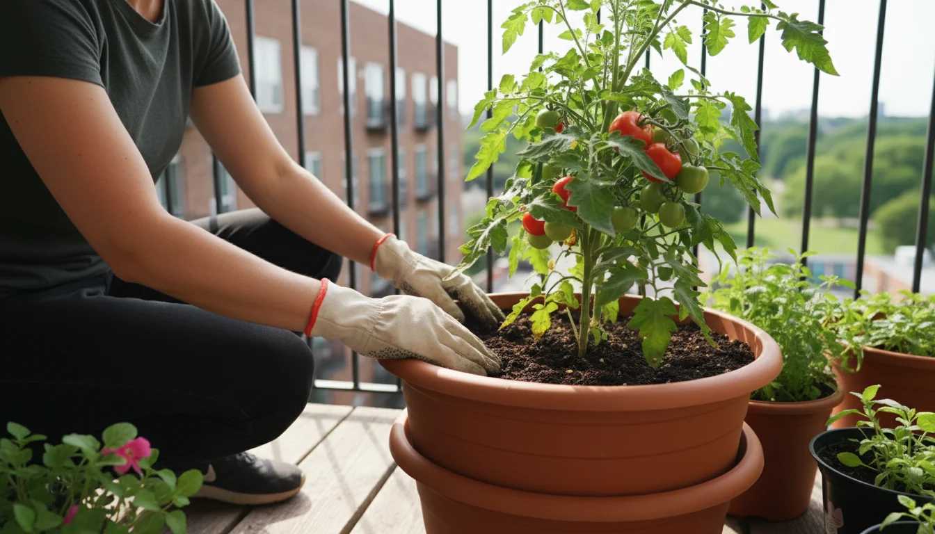 Gloved gardener on balcony gently checks soil and DIY self-watering container's refill port, observing a tomato plant.