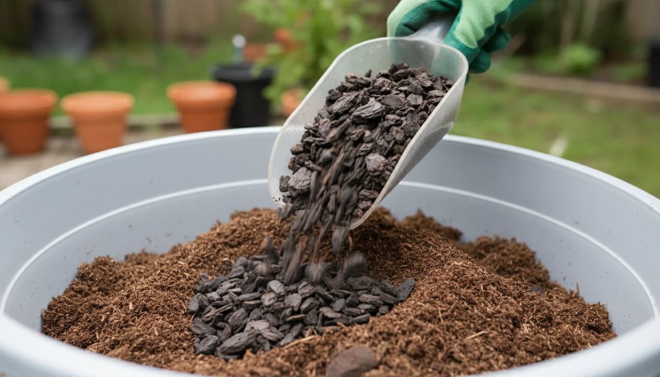 A gloved hand adds dark pine bark fines from a scoop into a tub of potting mix on a patio, with pots in background.