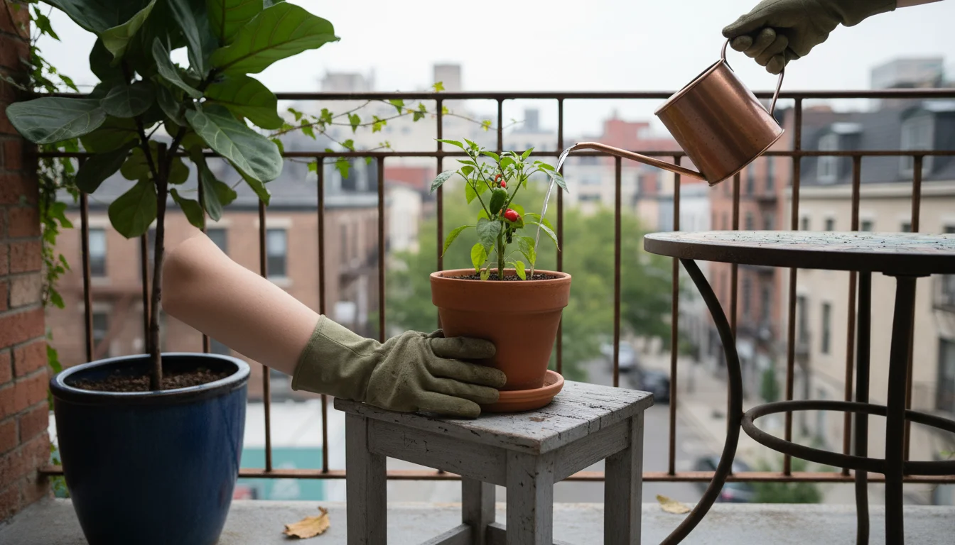 A gloved hand gently adjusts a small pepper plant in a terracotta pot on a wooden stool, shaded on an urban balcony.