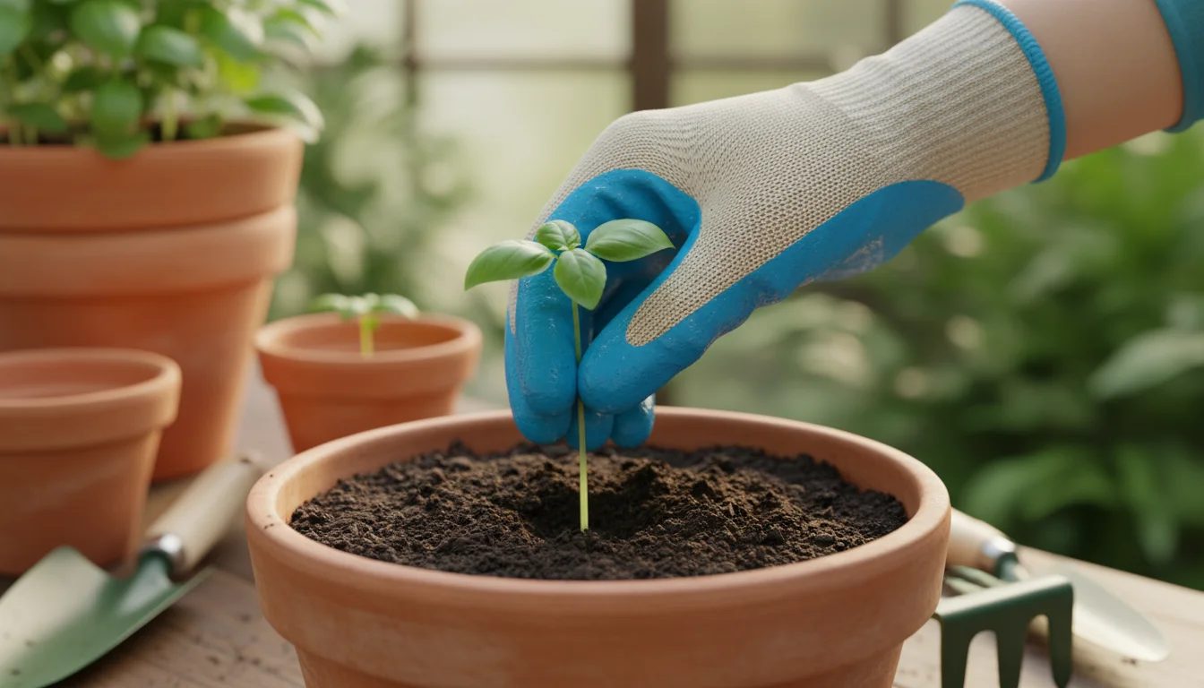 A gloved hand (blue-coated palm, beige knit back) gently plants a basil seedling into a terracotta pot on a patio table, surrounded by other container