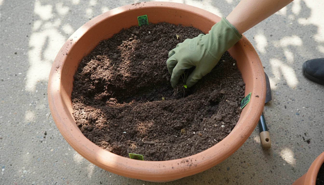 Overhead view of a gloved hand burying fermented Bokashi food scraps in a shallow trench within a large terracotta patio planter.