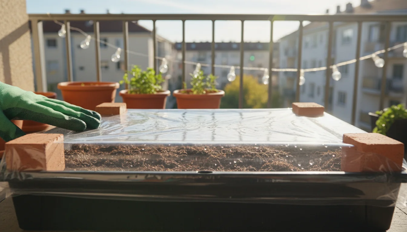A gloved hand checks clear plastic sheeting covering damp potting soil in a dark tray, solarizing on a sunny urban balcony.