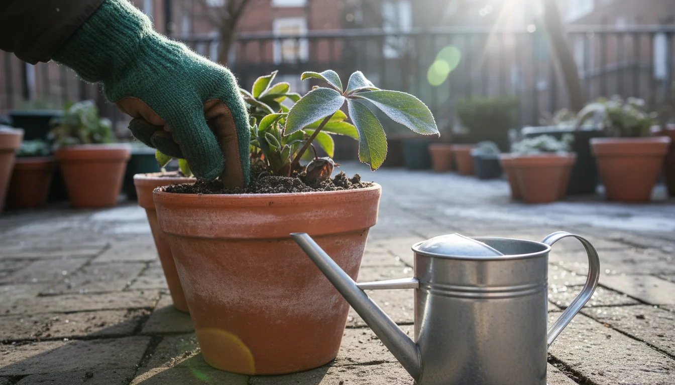 Gloved hand checks soil moisture in a terracotta pot with a dormant hellebore on a sunny winter patio, a watering can nearby.
