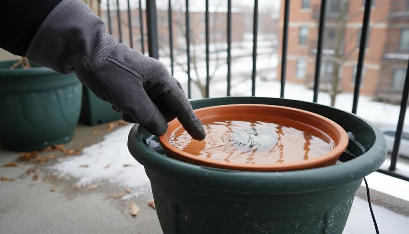 A gloved hand checks the unfrozen water in a simple balcony bird bath during winter, with an urban background.