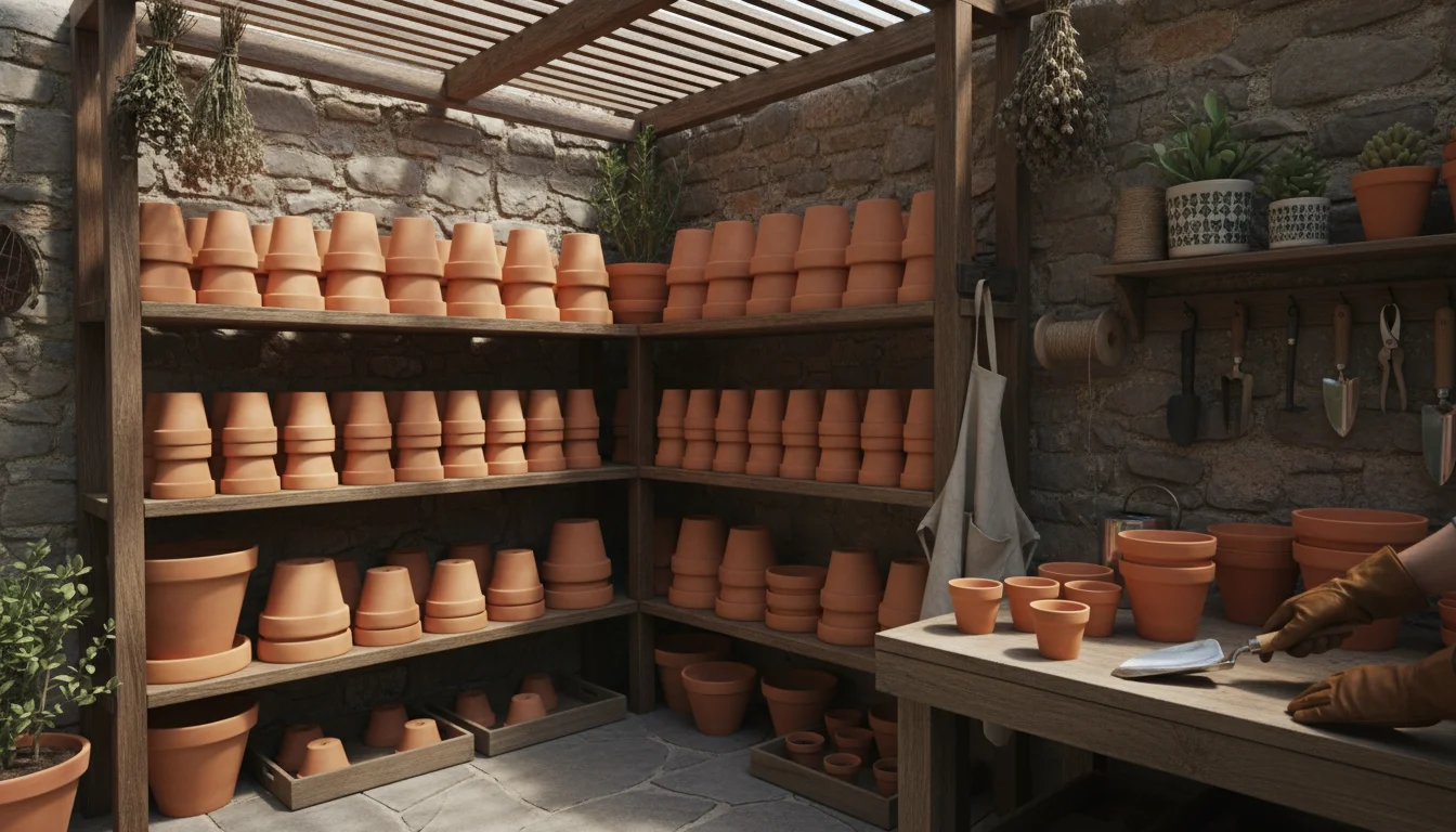 A gloved hand covers neatly stacked, cleaned terracotta pots with a canvas tarp in a rustic shed corner. Other pots are upside down, saucers stacked s
