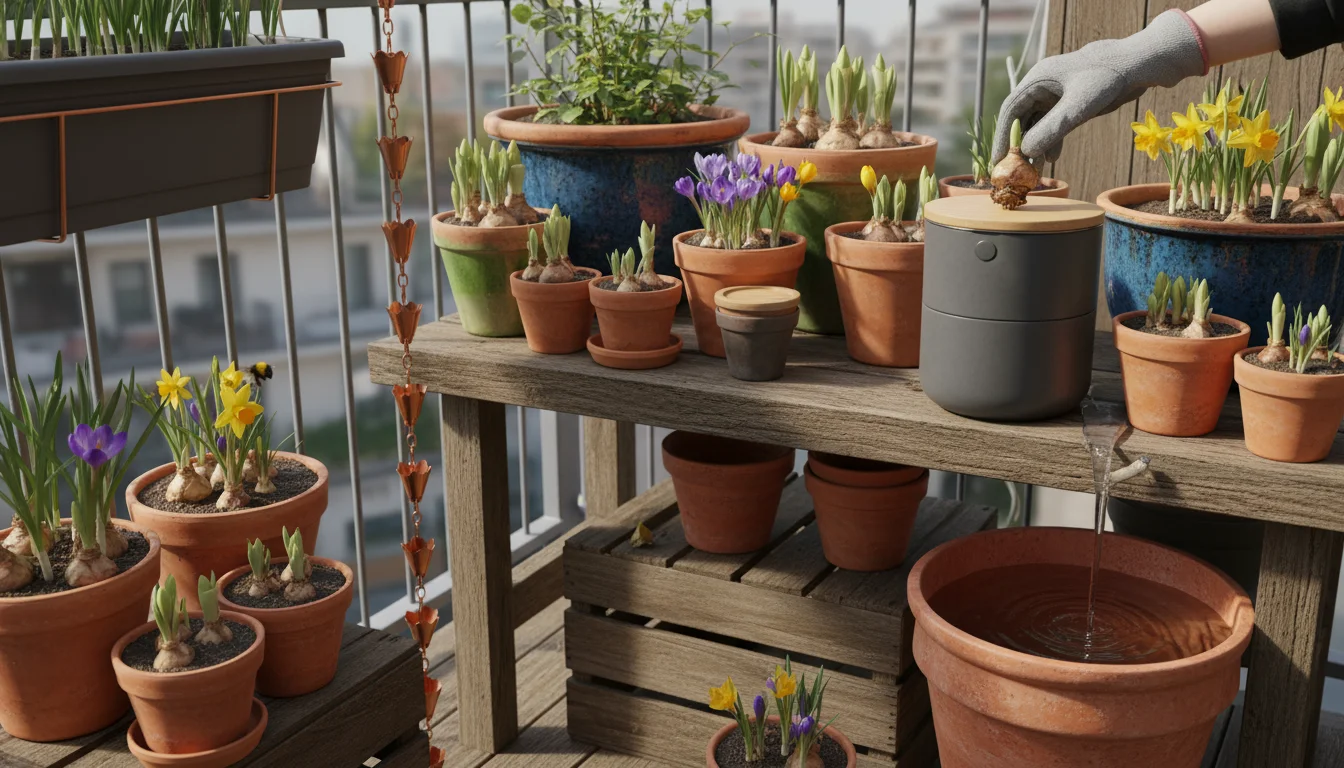 A gloved hand drops a spent bulb into a compost caddy on a balcony amidst pots of emerging spring bulbs and a hovering bee.
