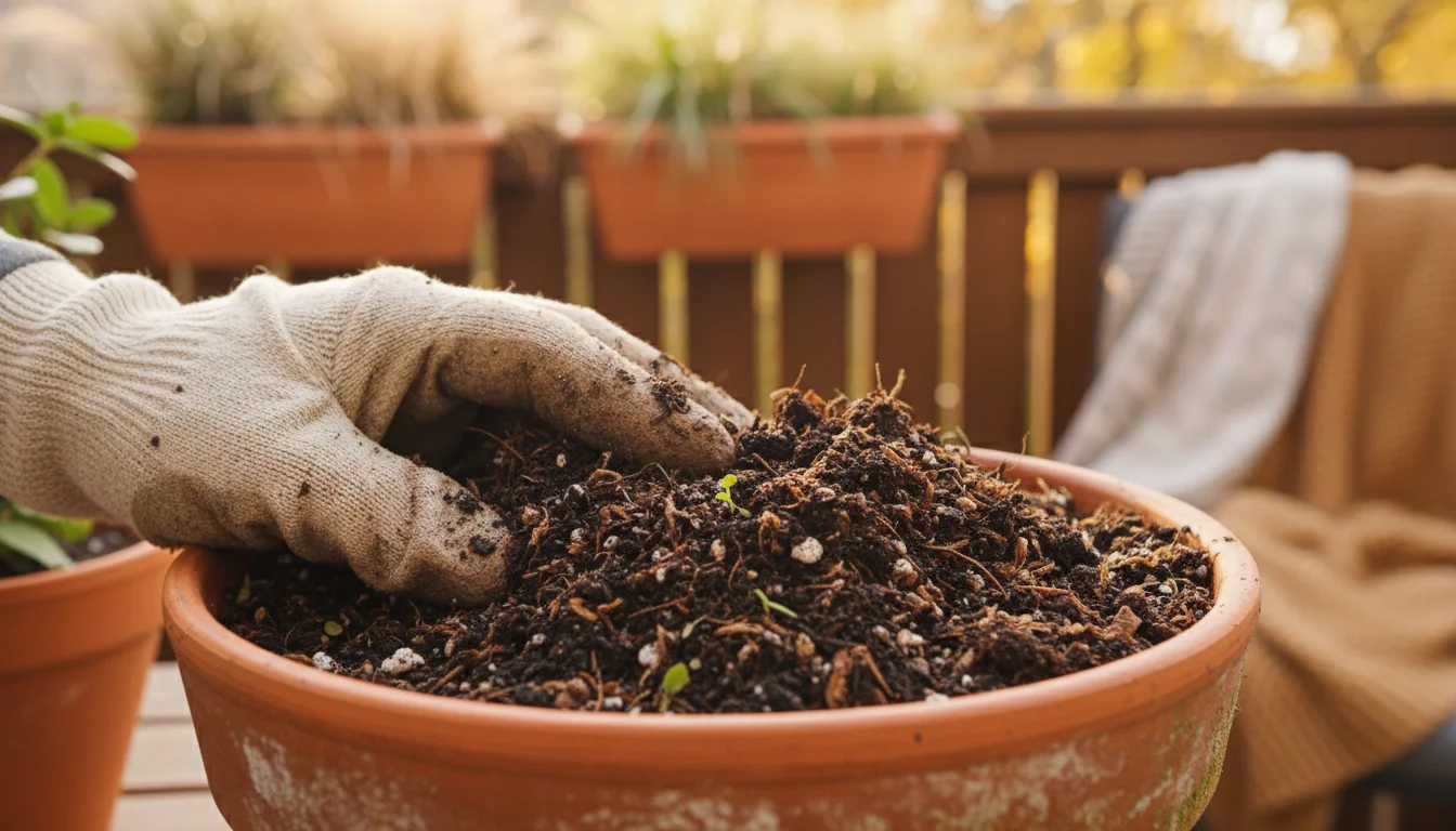 Gloved hand's fingertips gently aerating dark, crumbly potting soil mixed with compost in a terracotta pot on an autumn patio.