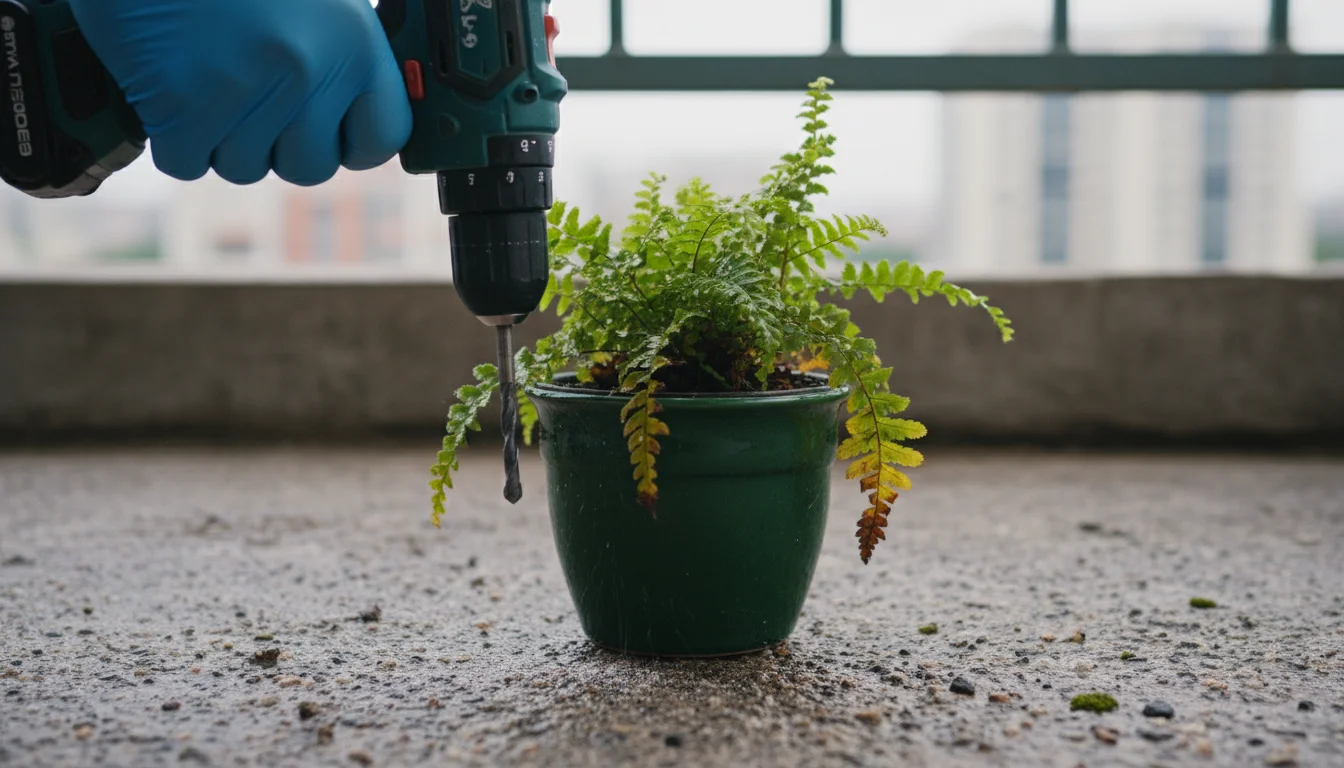 A gloved hand holds a drill to the bottom of a glossy green ceramic pot containing a waterlogged fern on a concrete balcony floor.