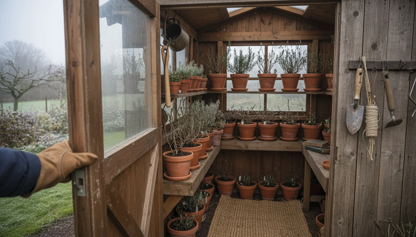 A gloved hand holds a rustic shed door slightly open, revealing dormant potted plants on shelves inside on an overcast winter day.