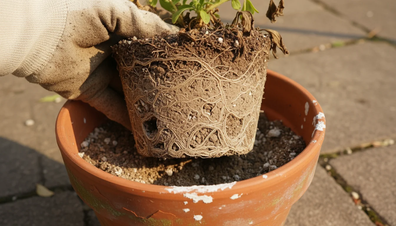 A gloved hand lifts a faded plant from a terracotta pot, revealing a compacted root ball and old potting mix with white salt crusts.