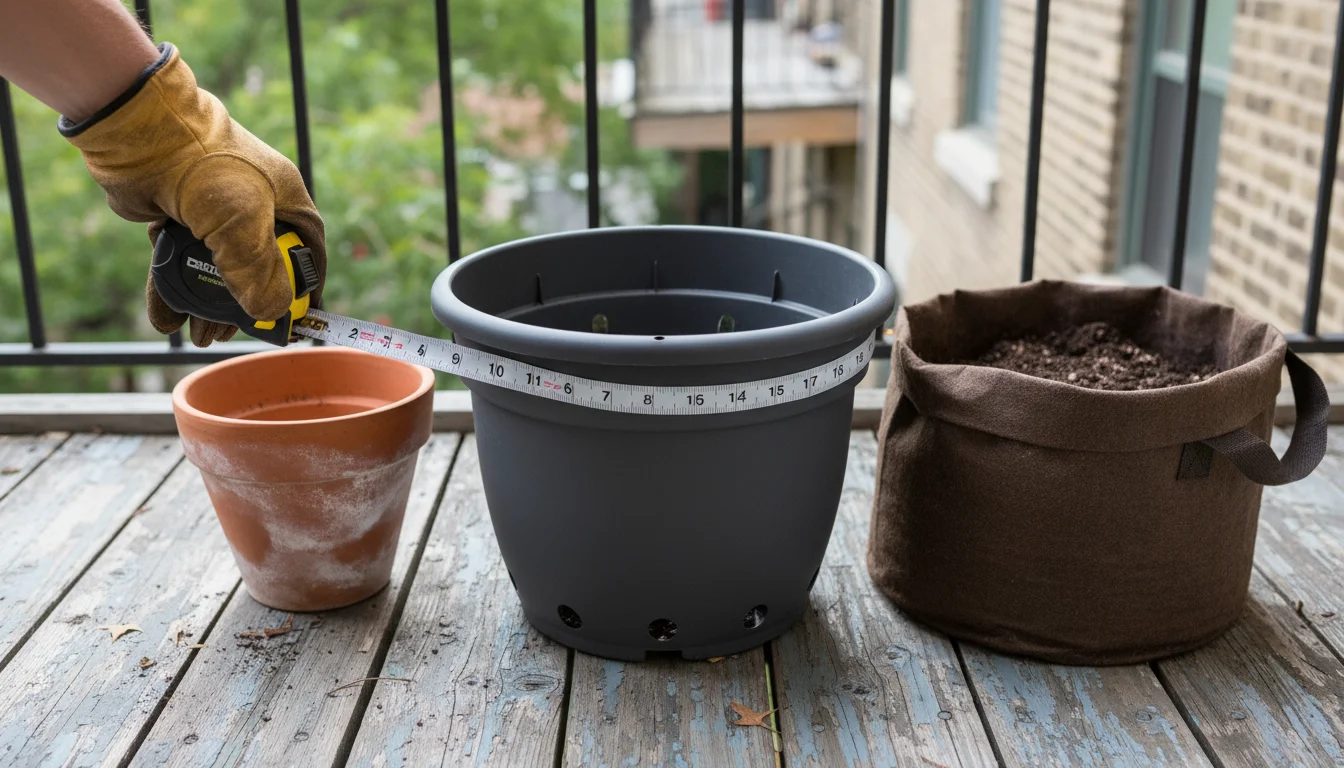 A gloved hand measures the 14-inch diameter of an empty plastic pot on a balcony, surrounded by terracotta and fabric grow bags.