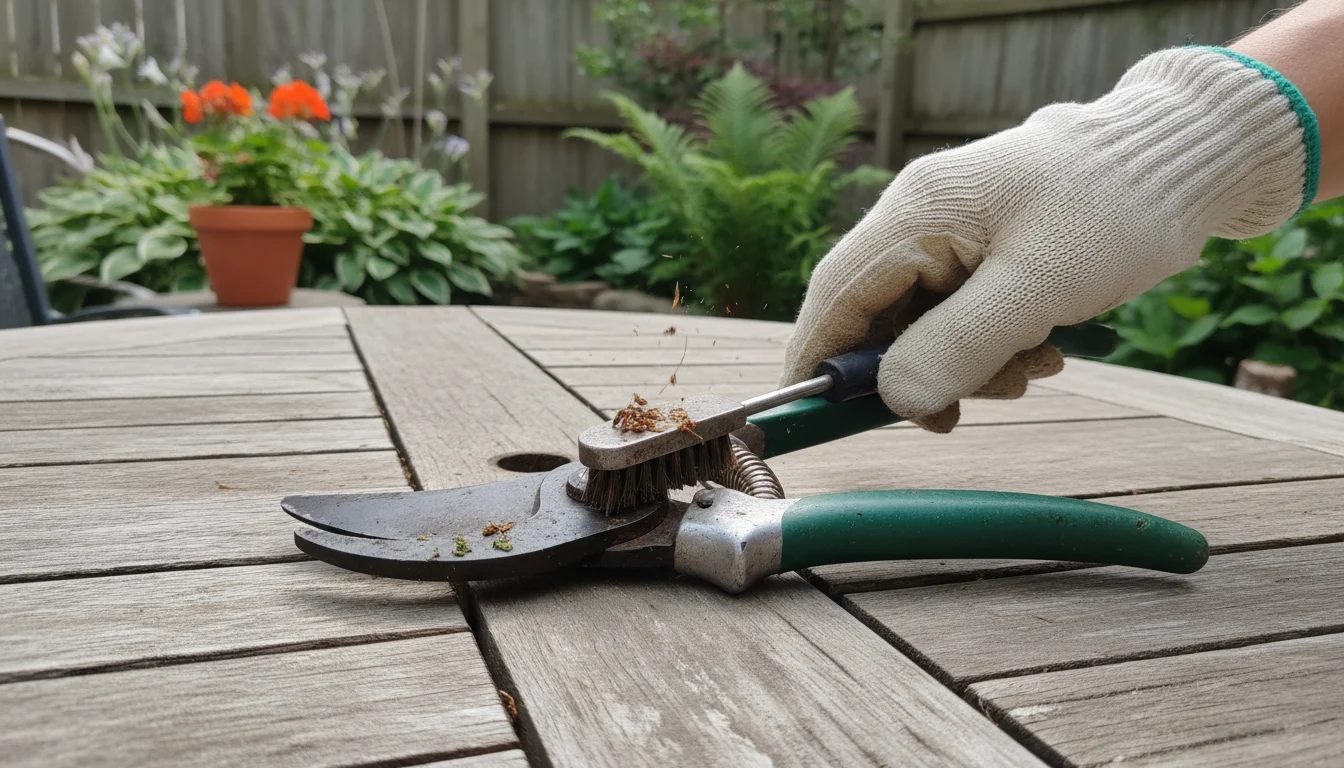 A gloved hand meticulously cleans bypass pruning shears with a small brush on a rustic patio table, with container plants softly blurred in the backgr