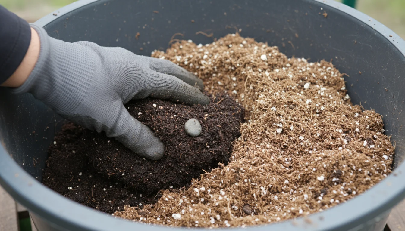 A gloved hand mixes dense, dark garden soil into lighter, crumbly used potting mix in a large plastic container, highlighting the stark textural diffe