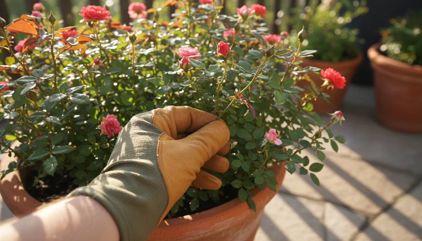 Gloved hand carefully navigates thorny miniature rose branches in a terracotta pot on a sunlit patio, demonstrating protection and dexterity.