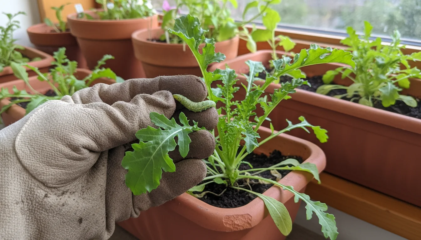 A gloved hand carefully plucks a green cabbage worm from a serrated leaf of a Wasabi Arugula plant in a terracotta window box.