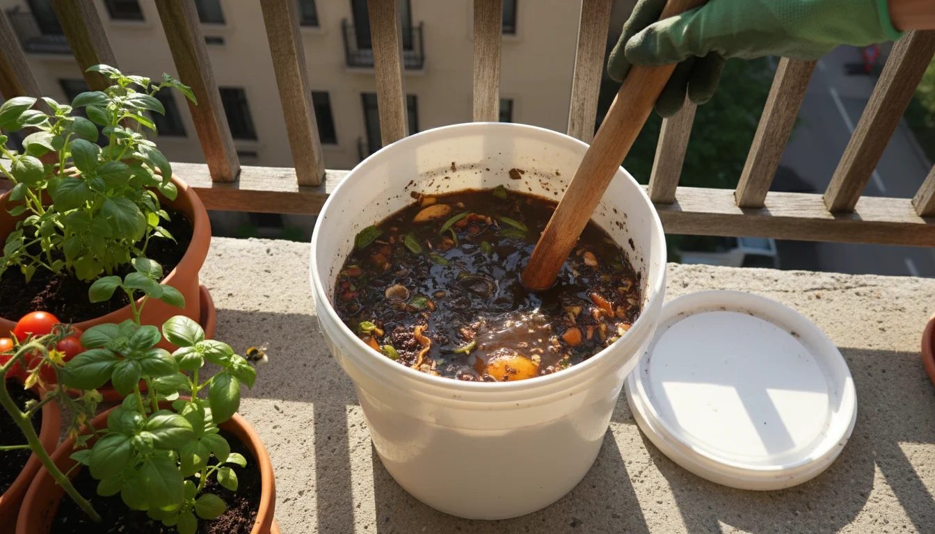 Gloved hand poised with a wooden stirring stick above a bucket of murky kitchen scrap fertilizer tea on a sunny balcony, lid resting loosely.