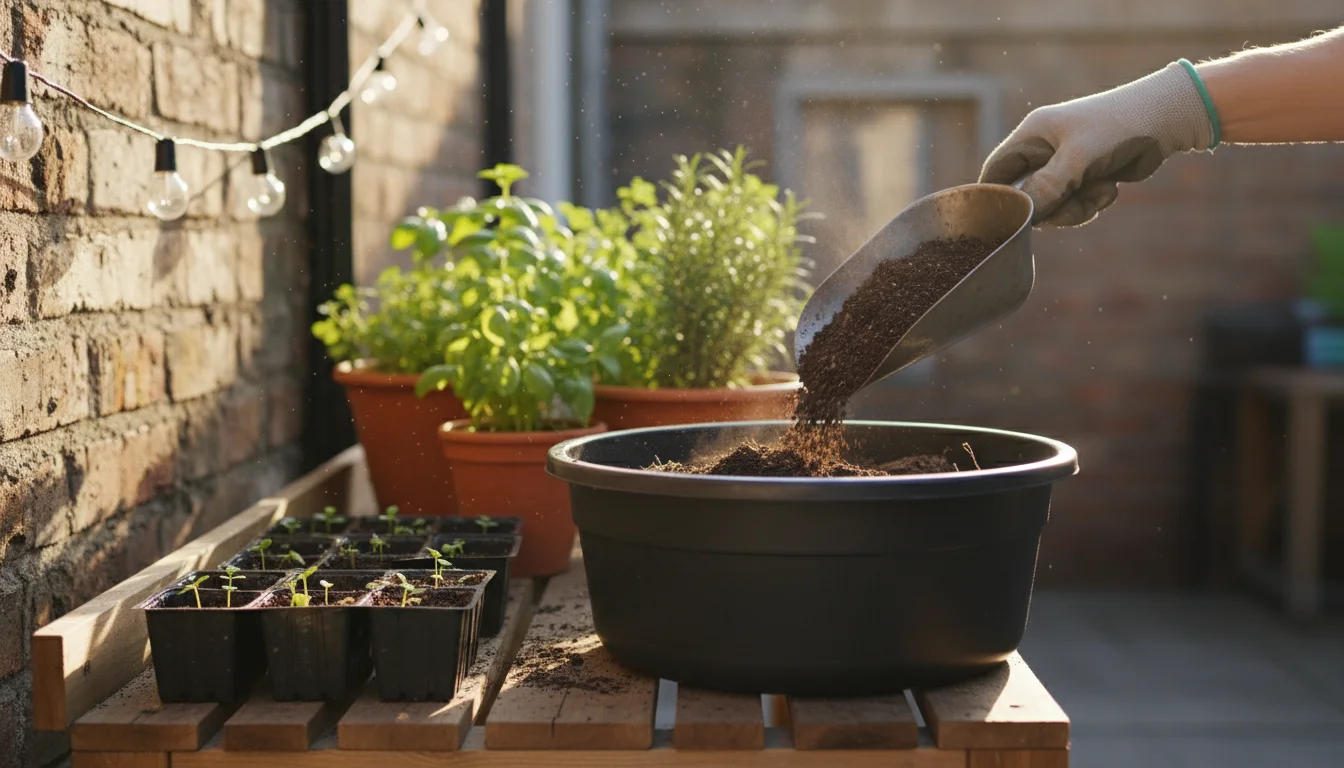 Close-up of a gloved hand pouring dark compost into a mixing tub of used potting mix on a wooden patio bench, with perlite and fertilizer nearby.