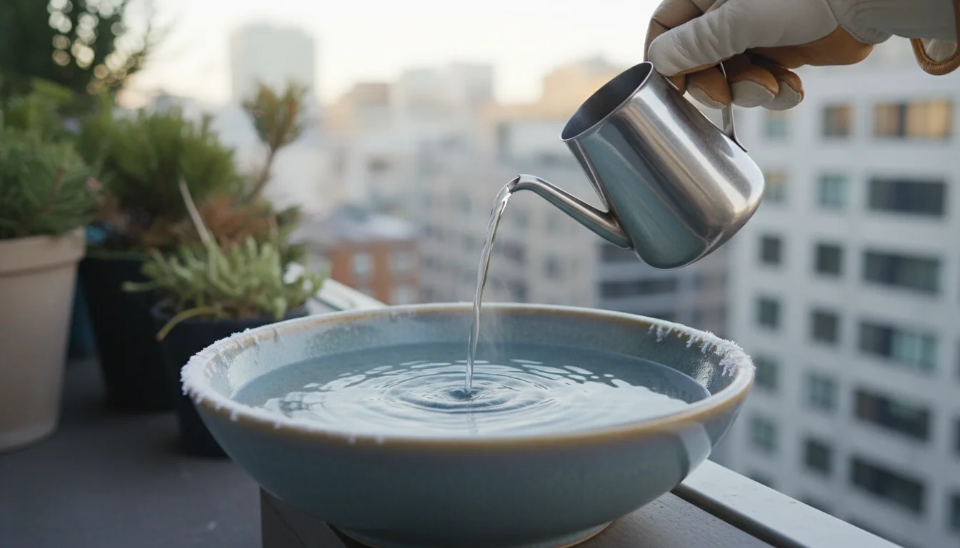 A gloved hand pours steaming water from a pitcher into a clean ceramic bird bath on a winter balcony.