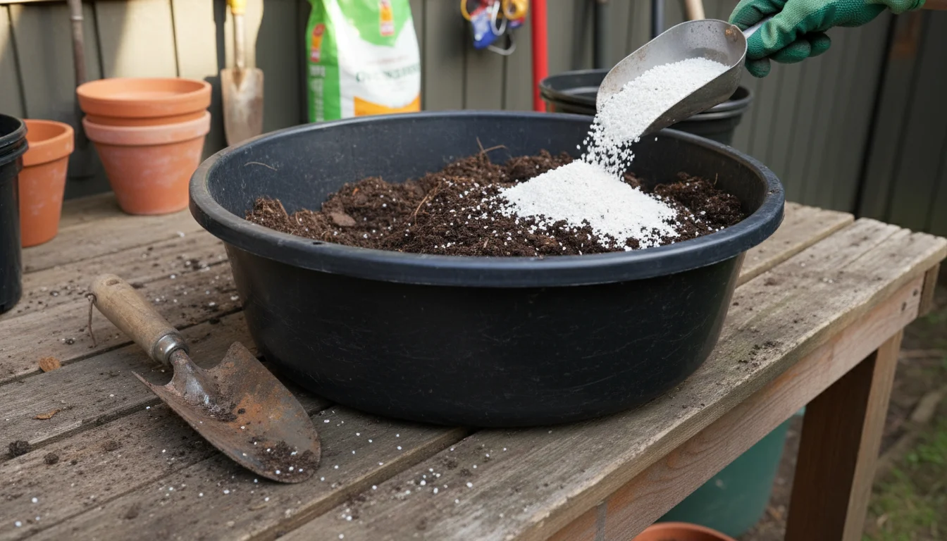 A gloved hand pours white perlite from a scoop into a tub of dark brown potting soil on a weathered potting bench.