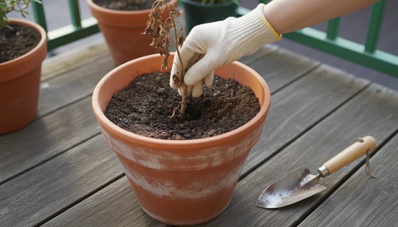 A gloved hand pulling a dead plant stalk from a terracotta pot on a wooden deck, with removed plant debris and a trowel nearby.