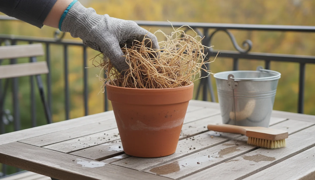 A gloved hand pulls tangled, dried roots from a terracotta pot on a weathered wooden balcony table.